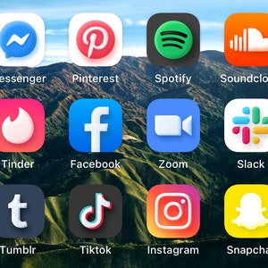 Może przedstawiać: Kolaż 12 popularnych ikon aplikacji mediów społecznościowych, w tym Messenger, Pinterest, Spotify, SoundCloud, Tinder, Facebook, Zoom, Slack, Tumblr, TikTok, Instagram i Snapchat.