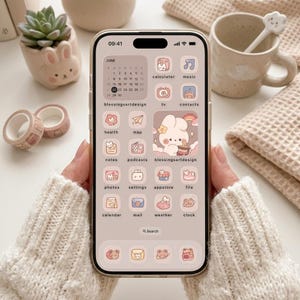 Beige Cute Bear Bunny: Aesthetic Cozy Lo-Fi Hand Drawn App Icon Theme for iOS Android Samsung iPhone iPad Tablet, Pastel Home Screen Icons