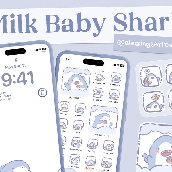 Milk Baby Shark | iOS Icons Pack, iPhone Theme, App Cover, Icons Skin, Home Screen, Doodle, Cute, Mochi, Lo-Fi, Soft, Pastel