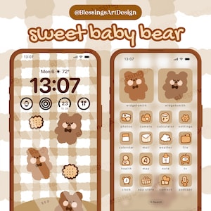 May include: A brown and beige phone screen with a checkered background and a brown bear icon. The time is 13:07 and the date is Mon 6. The phone screen also has icons for apps like photos, camera, calculator, settings, calendar, mail, weather, file, health, map, note, tv, clock, app store, contact, and podcast.