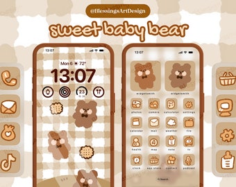 Sweet Baby Bear | iOS Icons Pack Bundle, iPhone Theme, App Covers, Icons Skin, Home Screen Set, Pastel, Hand Drawn, Widgets, Wallpapers