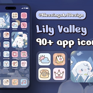 May include: A collection of 90+ app icons featuring a cute cartoon bunny in a night sky setting. The icons are in a grid layout and include popular apps like Instagram, Twitter, and Amazon. The text "Lily Valley" and "@BlessingsArtDesign" are also visible.