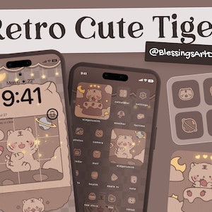 May include: A digital phone screen with a brown and white tiger cartoon character. The phone screen has a brown background with a grid of icons. The icons are for apps such as camera, photos, calendar, mail, health, apple tv, notes, app store, files, and tiktok. The tiger cartoon character is wearing a crown and has a cute expression. The phone screen also has a clock that says 9:41. The text "Retro Cute Tiger" and "@BlessingsArtDesign" are at the top of the image.