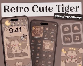 100+ Retro Cute Tiger | iOS Icons Pack, iPhone Theme, App Cover, Icons Skin, Home Screen, Doodle, Cute, Mochi, Lo-Fi, Soft, Pastel