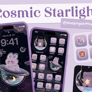 Peut inclure: Un écran de téléphone violet et noir avec un design personnalisé représentant un ours de dessin animé dans un vaisseau spatial. Le design s'appelle "Cosmic Starlight" et est réalisé par @BlessingsArtDesign. L'écran du téléphone affiche une variété d'icônes d'applications avec des designs personnalisés.