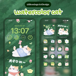 Watercolor Cat iOS Icons Pack: Kawaii Pastel App Covers (Digital Download)