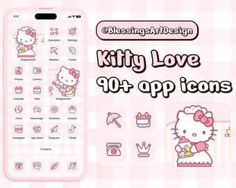 90+ Pink Kitty Love | iOS Icons Pack, iPhone Theme, App Cover, Icons Skin, Home Screen, Doodle, Cute, Mochi, Lo-Fi, Soft, Pastel, Anime