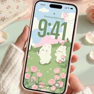 Spring Bunny Aesthetic Cute Cozy Hand Drawn App Icon Theme for iOS & Android – Pastel Green Pink Floral Lo-Fi Widget Set