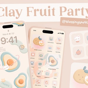 80+ Clay Fruit Party| iOS Icons Pack, iPhone Theme, App Cover, Icons Skin, Home Screen, Doodle, Cute, Mochi, Lo-Fi, Soft, Pastel