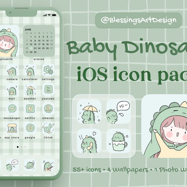 55+ Green Baby Dinosaur | iOS Icons Pack, iPhone Theme Kawaii, App Cover, Icons Skin, Home Screen, Cute, Mochi, Lo-Fi, Soft, Pastel, Chibi,