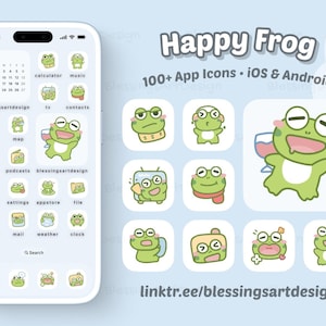 Könnte beinhalten: Ein hellblauer Telefonbildschirm zeigt App-Symbole mit Frosch-Motiven, darunter Kalender, Rechner und Musik. Das Bild zeigt auch Frosch-Illustrationen und den Text "Happy Frog" und "100+ App Icons".