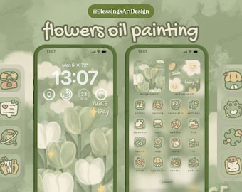 Flowers Oil Painting | iOS Icons Pack Bundle, iPhone Theme, App Cover, Icons Skin, Home Screen Set, Aesthetic, Hand Drawn, Widget, Wallpaper