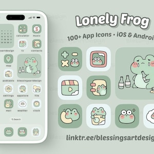 Puede incluir: Una pantalla de teléfono muestra un conjunto de iconos de aplicaciones personalizados con un tema de rana. Los iconos son de color verde claro con ilustraciones de ranas. El texto "Lonely Frog" y "100+ App Icons" son visibles.