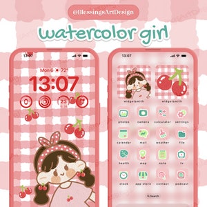 May include: Two pink smartphones showing a cherry-themed home screen and app icons. The screens feature a gingham pattern, a cartoon girl, and the text "watercolor girl". The time is 13:07. The design includes cherries and a bow.