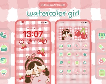 Watercolor Girl | iOS Icons Pack Bundle, iPhone Theme, App Covers, Icons Skin, Home Screen Set, Pastel, Hand Drawn, Widgets, Wallpapers