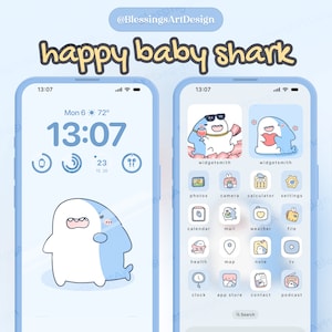 Bébé requin heureux | Ensemble d'icônes iOS, Thème pour iPhone, Couvertures d'application, Skins pour icônes, Ensemble pour écran d'accueil, Dessinés à la main, Pastel, Widgets, Papiers peints