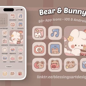Może przedstawiać: Cyfrowy zestaw ikon aplikacji Bear & Bunny na systemy iOS i Android, przedstawiający ekran smartfona z kalendarzem, różnymi ikonami w pastelowych kolorach oraz dużą kwadratową grafiką białego króliczka trzymającego napój z tęczą i chmurami.