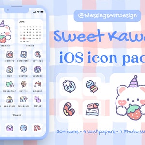 50+ Sweet Kawaii | iOS Icons Pack, iPhone Theme, App, Icons, Home Screen, Kawaii, Animal, Cute, Mochi, Lo-Fi, Soft, Pastel, Hand Drawn, Bear