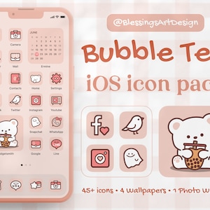 May include: A pink and white iPhone screen with a grid of app icons. The icons are in a bubble tea theme with a white bear holding a bubble tea. The text at the top of the screen says "Bubble Tea iOS icon pack".