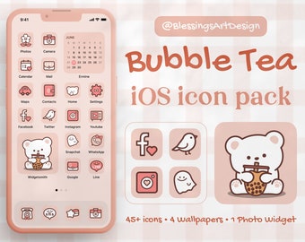 Bubble Tea | iOS Icons Pack, iPhone Brown, App, Icons, Home Screen, Kawaii, Animal, Cute, Mochi, Lo-Fi, weich, Pastell, handgezeichnet, Bär