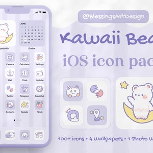 100+ Kawaii Purple Bear | iOS Icons Pack, iPhone Theme, App Cover, Icons Skin, Home Screen, Doodle, Cute, Mochi, Lo-Fi, Soft, Pastel, Chibi