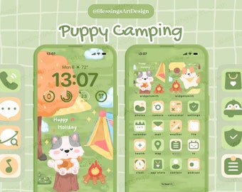 Puppy Camping | iOS Icons Pack Bundle, iPhone Theme, App Covers, Icons Skin, Home Screen Set, Pastel, Hand Drawn, Widgets, Wallpapers