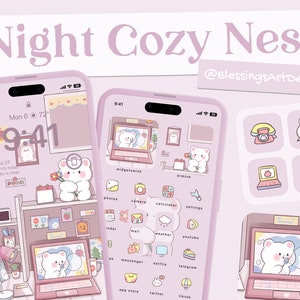 Night Cozy Nest | iOS Icons Pack, iPhone Theme, App Cover, Icons Skin, Home Screen, Doodle, Cute, Mochi, Lo-Fi, Soft, Pastel