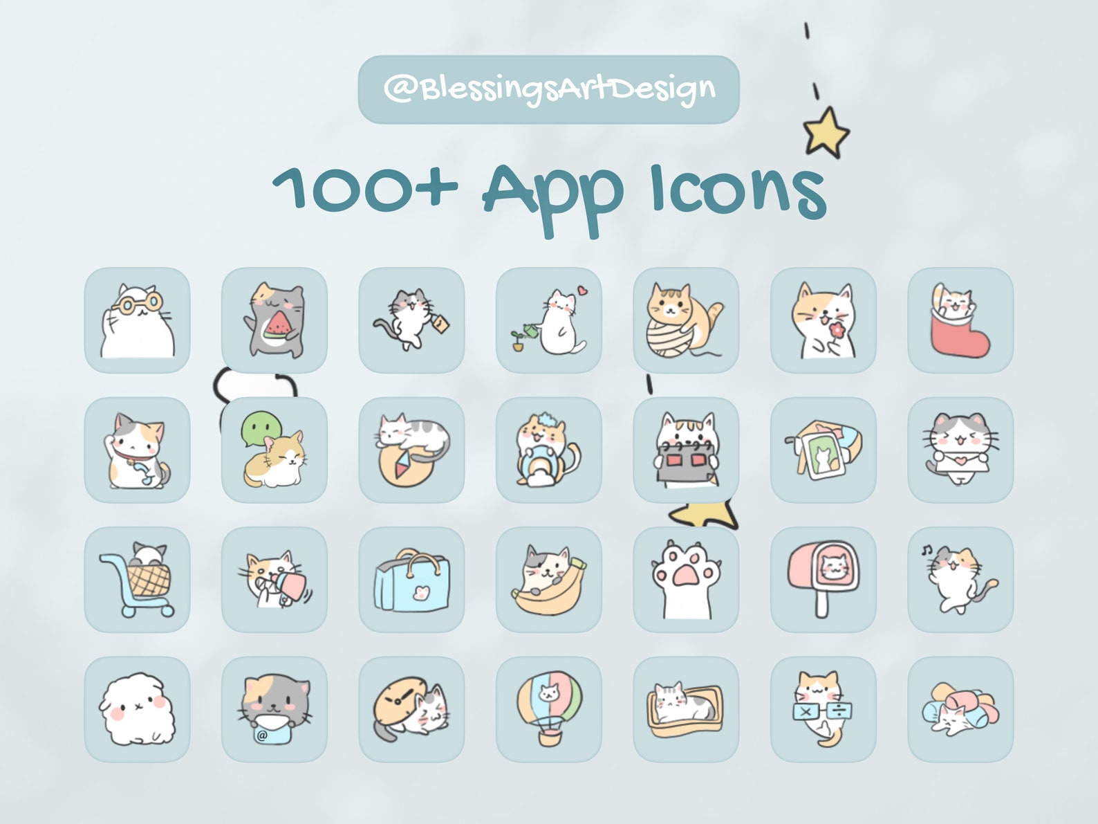 100 Cute Kawaii Cat Ios Icons Pack Iphone Theme App - Etsy