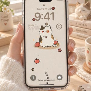 Leuke katten-app-pictogrammen | Beige esthetisch iPhone-thema | Kawaii widgetpakket | Warme bruine neutrale achtergrond | Gezellig kitten Android-startscherm