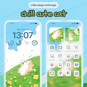 Chill Cat | iOS Icons Pack Bundle, iPhone Theme, App Covers, Icons Skin, Home Screen Set, Pastel Aesthetic, Hand Drawn, Widgets, Wallpapers