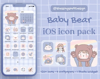 120+ Icon | Kawaii Baby Bear | iOS Icons Pack, iPhone Theme, App Cover, Icons Skin, Home Screen, Doodle, Cute, Mochi, Lo-Fi, Soft, Pastel