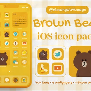 Brown Bear | iOS App Icons, App Cover, Home Screen, Theme, Yellow, Cute, Bland, Bear, Soft, Pastel, Cartoon, Hand Drawn, Beauty, Sweet