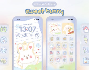 Sweet Bunny | iOS Icons Pack Bundle, iPhone Theme, App Covers, Icons Skin, Home Screen Set, Pastel Aesthetic, Hand Drawn, Widgets, Wallpaper