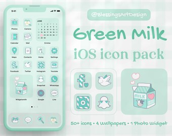 Green Milk Tea iOS Icons | Kawaii App Theme (Digital Download)