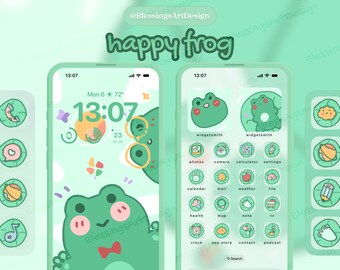 Happy Frog | iOS Icons Pack Bundle, iPhone Theme, App Covers, Icons Skin, Home Screen Set, Pastel Aesthetic, Hand Drawn, Widgets, Wallpapers