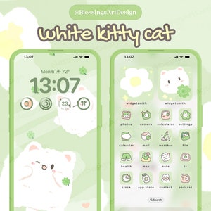 White Little Cat iOS Icons Pack – Cute Pastel App Covers, 80+ Hand‑Drawn Icons, 12 Wallpapers & Widgets, Kawaii iPhone Theme