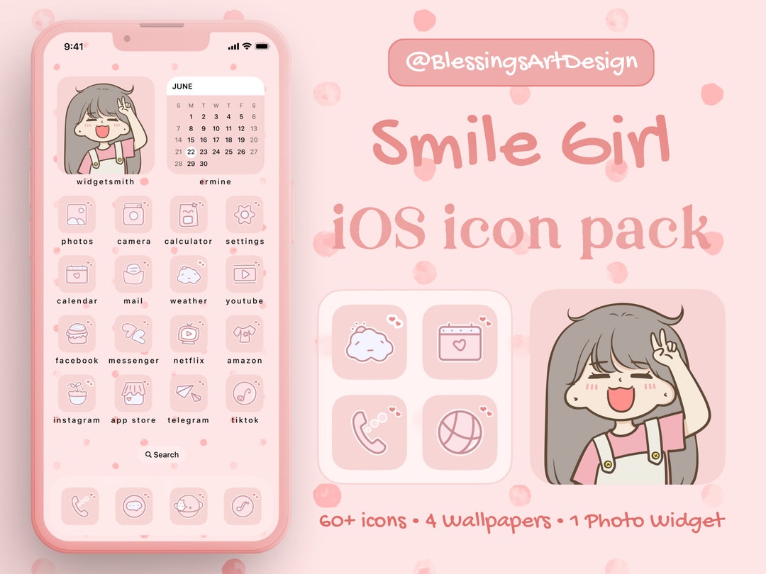 60 Icon Cute Smile Pink Ios Icons Pack iPhone Theme Black Etsy