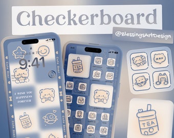 Kawaii Checkerboard Bear | iOS Icons Pack, iPhone Theme, App Cover, Icons Skin, Home Screen, Doodle, Cute, Mochi, Lo-Fi, Soft, Pastel