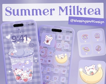 Purple Milk Tea iOS Icons Pack: Kawaii App Theme (Digital Download)