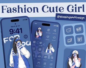80+ Fashion Cute Girl | iOS Icons Pack, iPhone Theme, App Cover, Icons Skin, Home Screen, Doodle, Cute, Mochi, Lo-Fi, Soft, Pastel