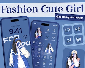 Op de afbeelding: Digitale illustratie met een blauw thema van een telefoon met een aangepaste interface, met een schattig meisjesontwerp. De telefoon toont app-pictogrammen en een vergrendelscherm met de tekst "Fashion Cute Girl" en "@BlessingsArtDesign".