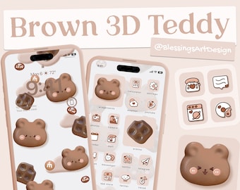 Brauner 3D Teddy | iOS Icons Pack, iPhone Theme, App Cover, Icons Skin, Home Screen, Doodle, Niedlich, Mochi, Lo-Fi, Soft, Pastel