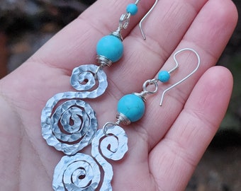 Wire Wrap Forged Turquoise Drop Earrings