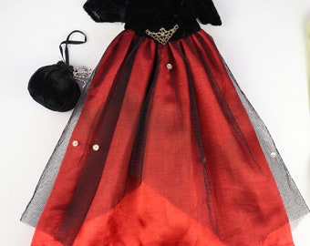 Traje de muñeca vintage ~ Estilo elegante rojo negro satinado terciopelo vestido hinchado vestido de fiesta de noche y bolso de mano ~ Lote de 2 piezas