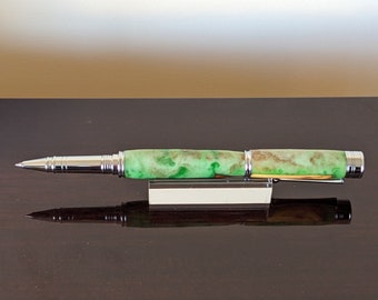 Rollerball Pen in Wood and Green and White Resin with Chrome Plate, Unique, Handmade Birthday Retirement Anniversary Christmas Recycled, 482