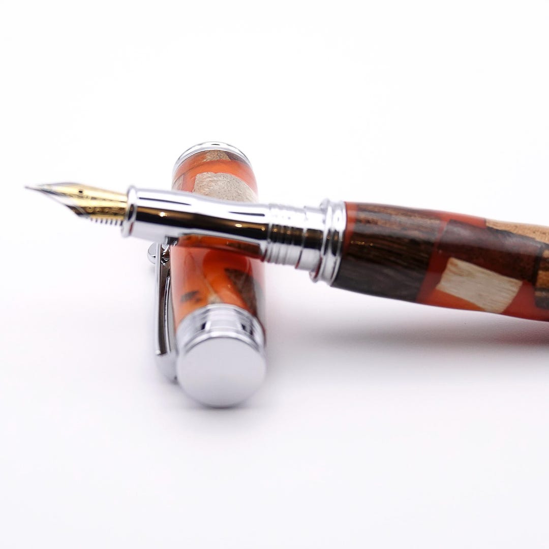Handmade Fountain Pen: Orange Resin & Scrap Wood, Chrome Fittings - Etsy