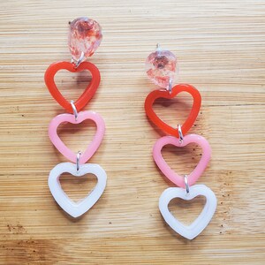 Heart dangle earrings, Dangle earrings, hearts, gifts for her, valentines day, pink, red, white, sparkle, heart earrings, ombre, color block