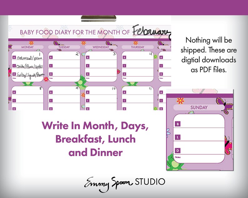 Baby Food Diary Printable Calendar Sheet Digital Download Etsy