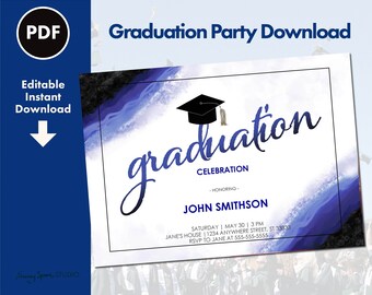 Graduation Party Invite Download, Personalized Invitation, Black, Blue & White, Printable by Emmy Spoon