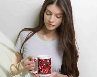 Red, Black, and White Ceramic Coffee Mug - Unique Design